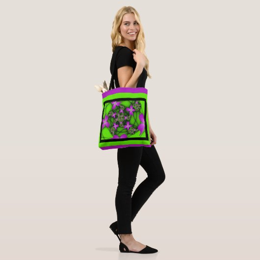 Moderne Abstracte Neon Pink Green Fractal Flowers Tote Bag (Op model)