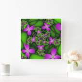 Moderne Abstracte Neon Pink Green Fractal Flowers Vierkante Klok (Huis)
