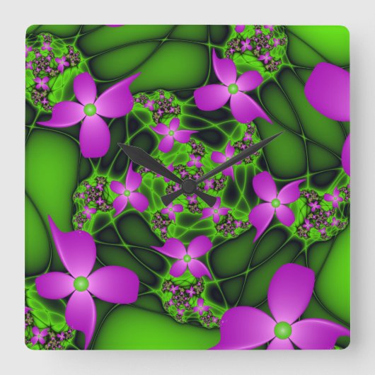 Moderne Abstracte Neon Pink Green Fractal Flowers Vierkante Klok (Voorkant)