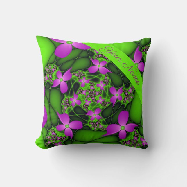 Moderne Abstracte Neon Roze Groene Bloemen Naam Kussen (Voorkant)