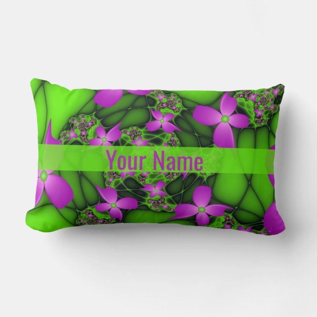 Moderne Abstracte Neon Roze Groene Bloemen Naam Kussen (Voorkant)