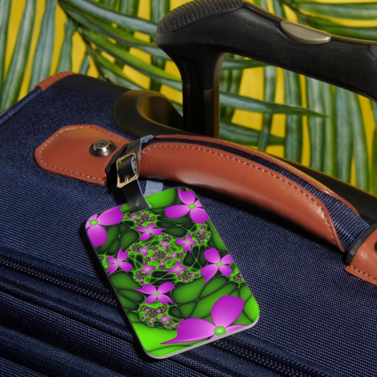 Moderne Abstracte Neon Roze Groene Fractale Bloeme Bagagelabel (Voorkant Insitu 1)