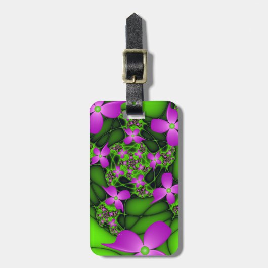 Moderne Abstracte Neon Roze Groene Fractale Bloeme Bagagelabel (Voorkant verticaal)