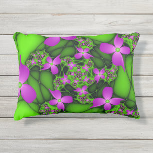 Moderne Abstracte Neon Roze Groene Fractale Bloeme Buitenkussen