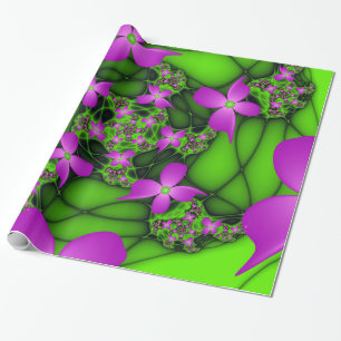 Moderne Abstracte Neon Roze Groene Fractale Bloeme Cadeaupapier