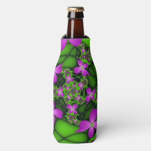 Moderne Abstracte Neon Roze Groene Fractale Bloeme Flesjeskoeler (Fles Voorkant)