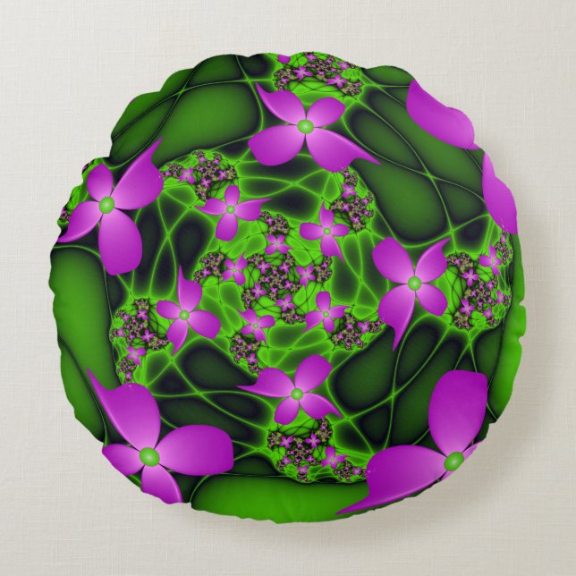 Moderne Abstracte Neon Roze Groene Fractale Bloeme Rond Kussen (Voorkant)