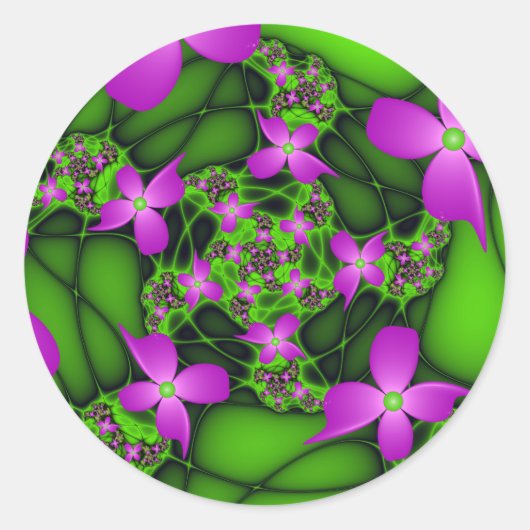 Moderne Abstracte Neon Roze Groene Fractale Bloeme Ronde Sticker (Voorkant)