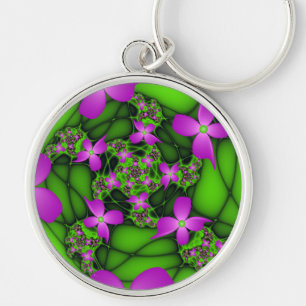 Moderne Abstracte Neon Roze Groene Fractale Bloeme Sleutelhanger
