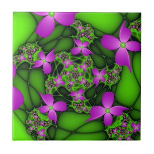 Moderne Abstracte Neon Roze Groene Fractale Bloeme Tegeltje