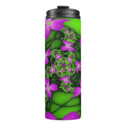 Moderne Abstracte Neon Roze Groene Fractale Bloeme Thermosbeker (Voorkant)
