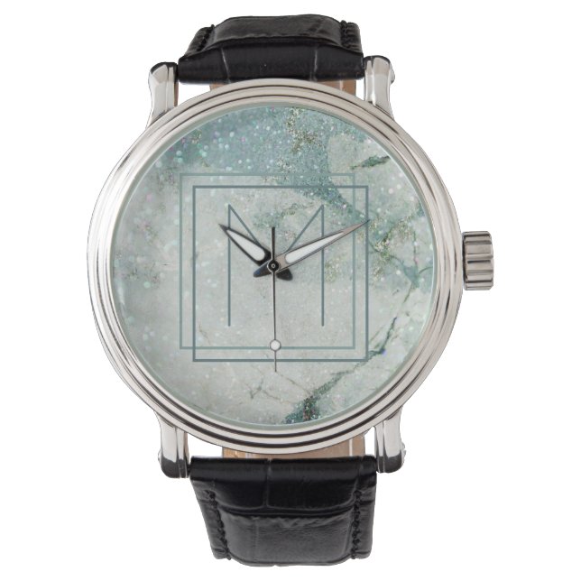 Moderne Abstracte Omlijste Monogram Teal Blauwe Ma Horloge (Voorkant)