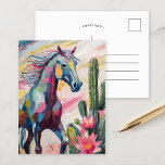 Moderne Abstracte paarden en vetplanten Briefkaart<br><div class="desc">Een levendig, modern abstract schilderij met een paard omringd door cactussen en vetplanten in zachte pastelkleuren. Het plant is gemaakt met spatten van gedurfde kleur, terwijl de woestijnpaarden zijn beschilderd met een mix van gedempte greens, roze en blauw. Creëer De combinatie van organische vormen en levendige kleuren zorgt voor een...</div>
