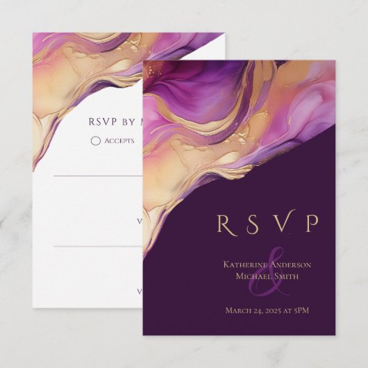 Moderne Abstracte Paarse en gouden elegante bruilo RSVP Kaartje (Voorkant / Achterkant)