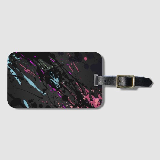 Moderne Abstracte Paint Splatter Monogram Naam Bagagelabel (Voorkant (horizontaal))