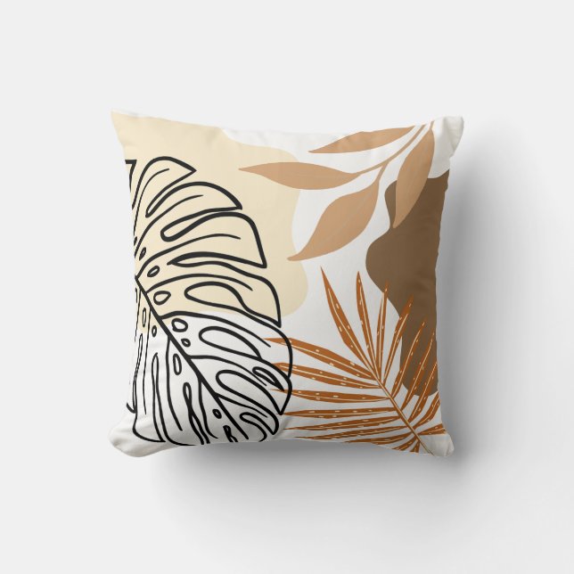 Moderne Abstracte Palmbladeren Beige Aardtint Kussen (Voorkant)