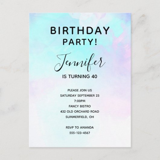 Moderne Abstracte pasteelblauw en Paarse Waterverf Uitnodiging Briefkaart (Voorkant)