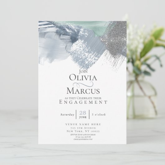 Moderne Abstracte penseelstreken Dusty Blue Sage G Kaart (Staand voorkant)