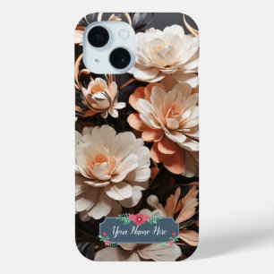 Moderne Abstracte Perzikbloemen op Zwarte Achtergr iPhone 15 Case