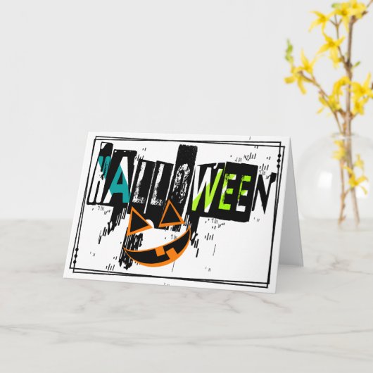Moderne Abstracte Pompoen Glimlach Halloween Kaart (Gele Bloem)