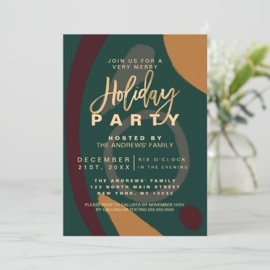 Moderne Abstracte Red Green Gold Holiday Party Kaart (Staand voorkant)
