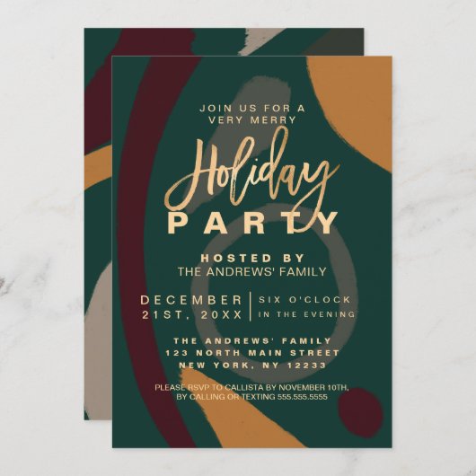 Moderne Abstracte Red Green Gold Holiday Party Kaart (Voorkant / Achterkant)