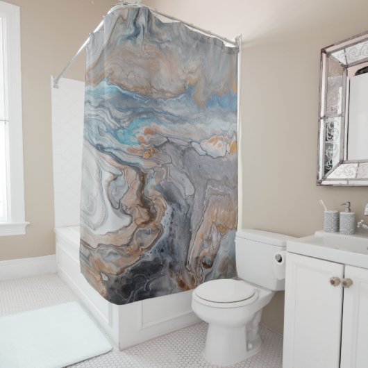 Moderne abstracte rivierblauwe bronzen crème douchegordijn (In situ)