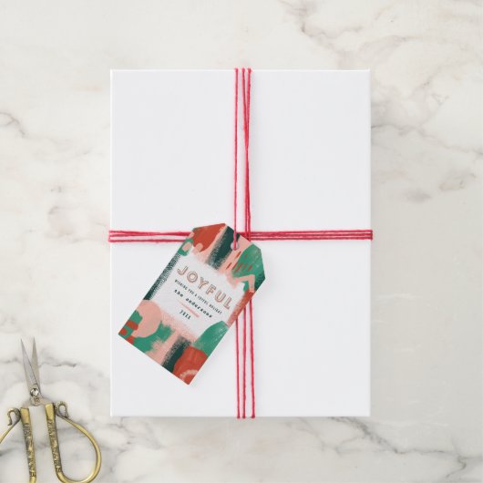 Moderne abstracte rode afbeelding, roze + groene v cadeaulabel (Met Touw)