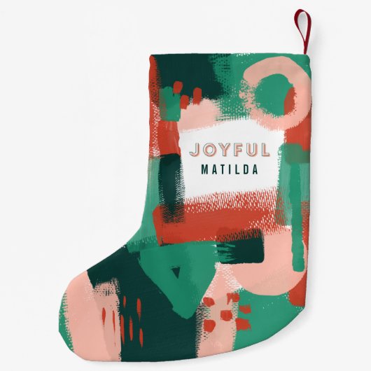 Moderne abstracte rode afbeelding, roze + groene v kleine kerstsok (Achterkant)