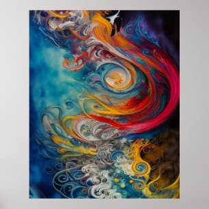 Moderne, Abstracte, rode, blauwe, groene goudblauw Poster