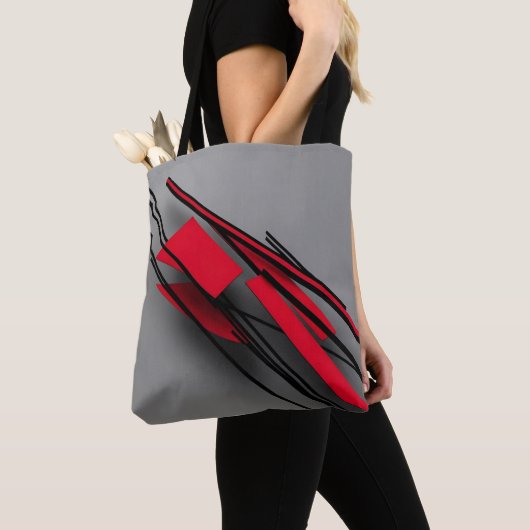 Moderne Abstracte rode en zwarte geometrische Canv Tote Bag (Dichtbij)