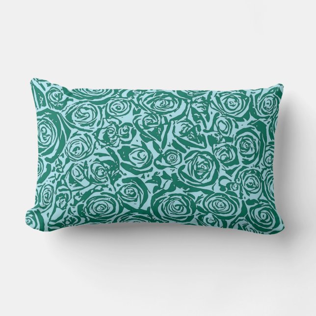 Moderne Abstracte Roos Patroon, Teal en Aqua Kussen (Voorkant)
