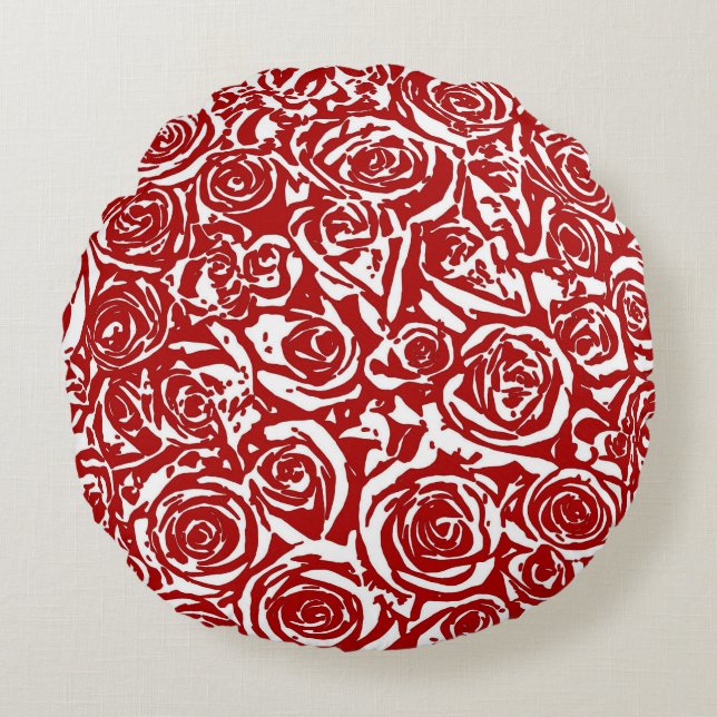 Moderne abstracte roospatroon, donkerrood en wit rond kussen (Voorkant)