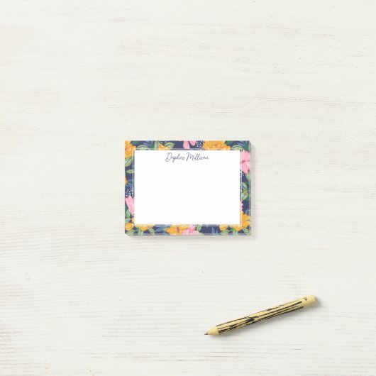 Moderne Abstracte Roze & Gele Bloemmotief Naam Post-it® Notes (Op bureau)