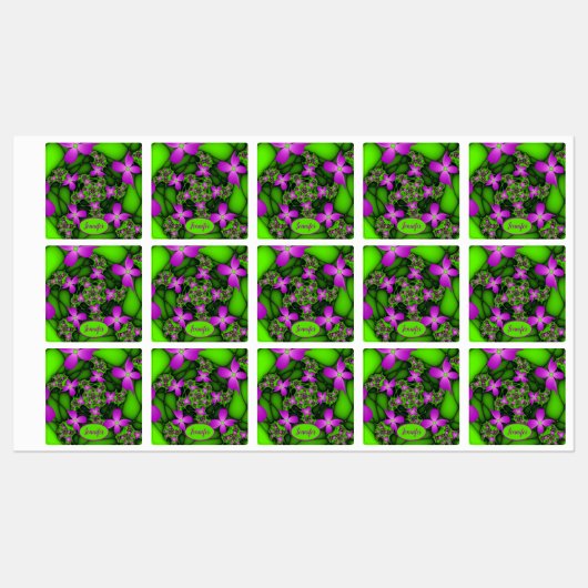 Moderne Abstracte Roze Groene Fractal Flowers Naam Labels (Vel)