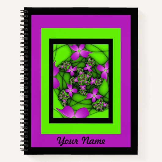 Moderne Abstracte Roze Groene Fractal Flowers Naam Notitieboek (Voorkant)