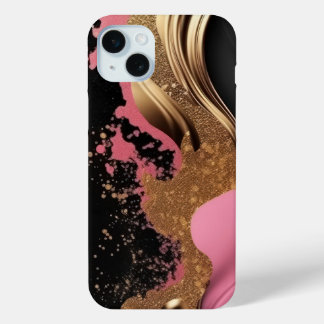 Moderne abstracte roze vloeibare goud en zwart mar iPhone 15 mini hoesje