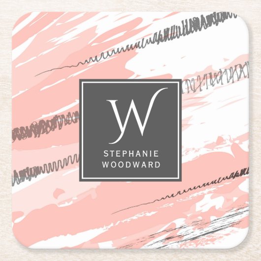 Moderne Abstracte roze witte grijze monogram vierk Kartonnen Onderzetters (Voorkant)