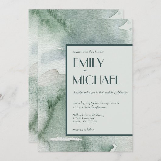 Moderne Abstracte Sage Green Moss Waterverf Weddin Kaart (Voorkant / Achterkant)