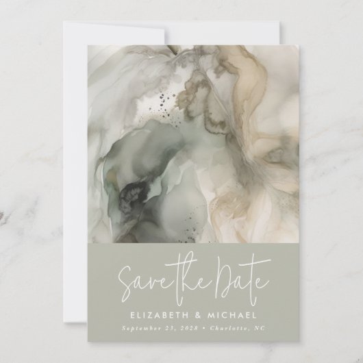 Moderne Abstracte schilder Sage Groene Bruiloft Save The Date (Voorkant)