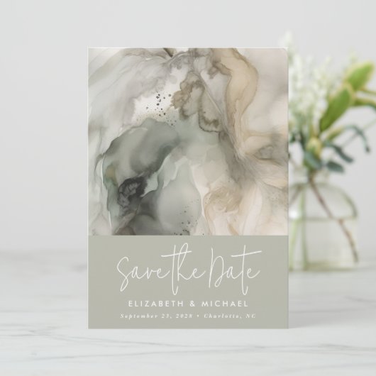 Moderne Abstracte schilder Sage Groene Bruiloft Save The Date (Staand voorkant)