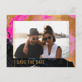 Moderne abstracte schildergouden scriptfotobruilof aankondigingskaart