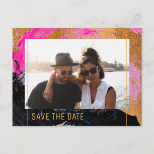 Moderne abstracte schildergouden scriptfotobruilof aankondigingskaart