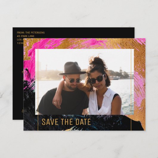 Moderne abstracte schildergouden scriptfotobruilof aankondigingskaart (Voorkant / Achterkant)