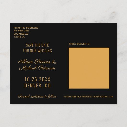 Moderne abstracte schildergouden scriptfotobruilof aankondigingskaart (Achterkant)