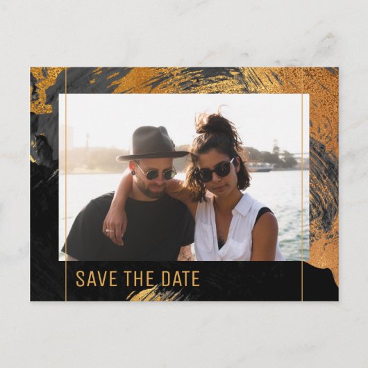 Moderne abstracte schildergouden scriptfotobruilof aankondigingskaart (Voorkant)