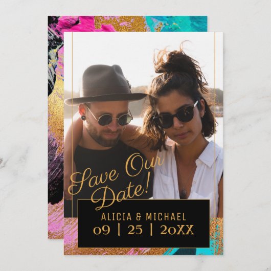 Moderne abstracte schildergouden scriptfotobruilof save the date (Voorkant / Achterkant)