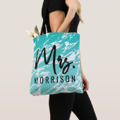 Moderne Abstracte Seafoam Blauwgroen witte marmer Tote Bag (Dichtbij)