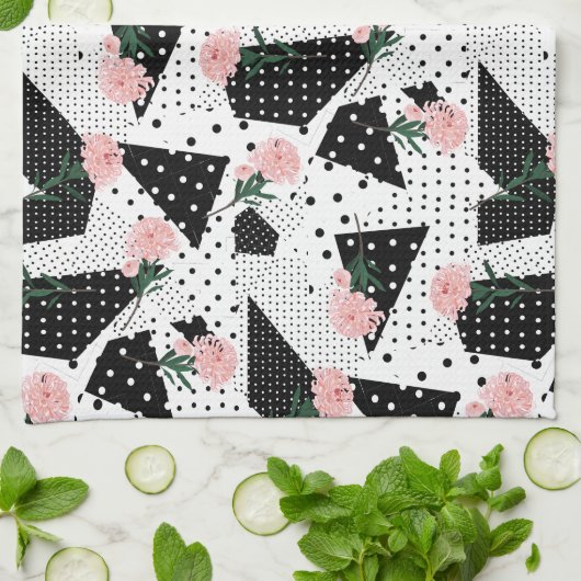 Moderne Abstracte Stippen en roze bloemen Theedoek (Gevouwen)