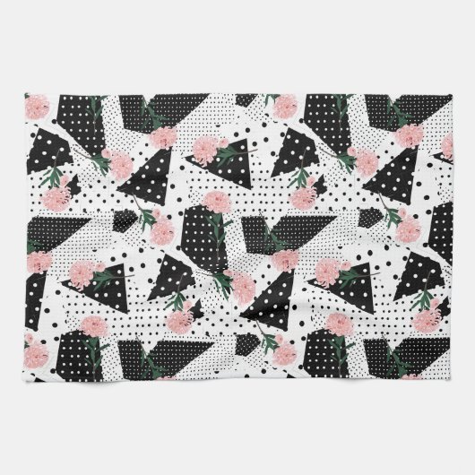 Moderne Abstracte Stippen en roze bloemen Theedoek (Horizontaal)